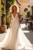 Simple A Line V-Neck Court Train Ivory Wedding Dress with Lace Appliques