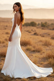 Mermaid Court Train Simple Stretch Satin Ivory Wedding Dress with Lace