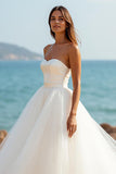 Court Train Tulle A Line Sweetheart Ivory Wedding Dress