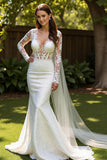 Lace Mermaid V-Neck Court Train Ivory Wedding Dress with Lace