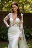 Lace Mermaid V-Neck Court Train Ivory Wedding Dress with Lace