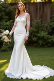 Ivory Simple Mermaid Square Neck Court Train Wedding Dress with Lace
