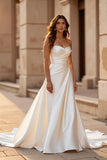 Court Train Satin A Line Sweetheart Ivory Wedding Dress