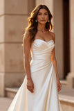 Court Train Satin A Line Sweetheart Ivory Wedding Dress