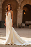 Ivory V-Neck Simple Stretch Satin Mermaid Wedding Dress