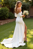 Mermaid Court Train Simple Stretch Satin Ivory Wedding Dress with Slit