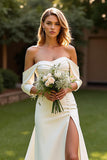 Mermaid Court Train Simple Stretch Satin Ivory Wedding Dress with Slit