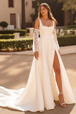 Ivory A Line Court Train Simple Stretch Satin Wedding Dress with Slit