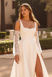 Ivory A Line Court Train Simple Stretch Satin Wedding Dress with Slit