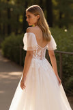 Ivory A Line Off the Shoulder Tulle Wedding Dress with Lace Appliques