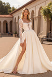 Court Train Satin A Line Square Neck Ivory Wedding Dress with Lace Appliques