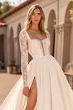 Court Train Satin A Line Square Neck Ivory Wedding Dress with Lace Appliques
