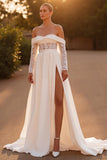 Ivory Stretch Satin A Line Off the Shoulder Sweep Train Wedding Dress with Lace