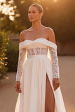 Ivory Stretch Satin A Line Off the Shoulder Sweep Train Wedding Dress with Lace