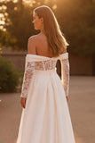 Ivory Stretch Satin A Line Off the Shoulder Sweep Train Wedding Dress with Lace