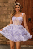 Floral Lavender Tiered Corset A Line Homecoming Dress with Ruffles