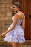Floral Lavender Tiered Corset A Line Homecoming Dress with Ruffles