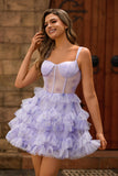 Floral Lavender Tiered Corset A Line Homecoming Dress with Ruffles
