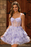 Floral Lavender Tiered Corset A Line Homecoming Dress with Ruffles