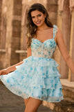 Blue Flower Corset Tiered A Line Homecoming Dress