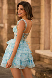 Blue Flower Corset Tiered A Line Homecoming Dress