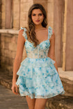 Blue Flower Corset Tiered A Line Homecoming Dress