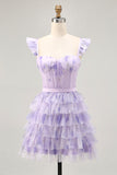 Lilac Floral Ruffled Corset A-Line Homecoming Dress