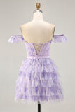 Lilac Floral Ruffled Corset A-Line Homecoming Dress