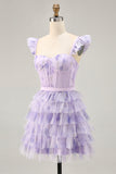 Lilac Floral Ruffled Corset A-Line Homecoming Dress