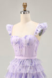 Lilac Floral Ruffled Corset A-Line Homecoming Dress