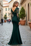 Navy Chiffon Mermaid V-Neck Long Mother of the Bride Dress with Lace Appliques