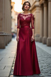 Dark Red A Line Illusion Neck Long Mother of the Bride Dress with Lace Appliques