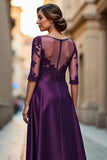 Dark Red A Line Illusion Neck Long Mother of the Bride Dress with Lace Appliques