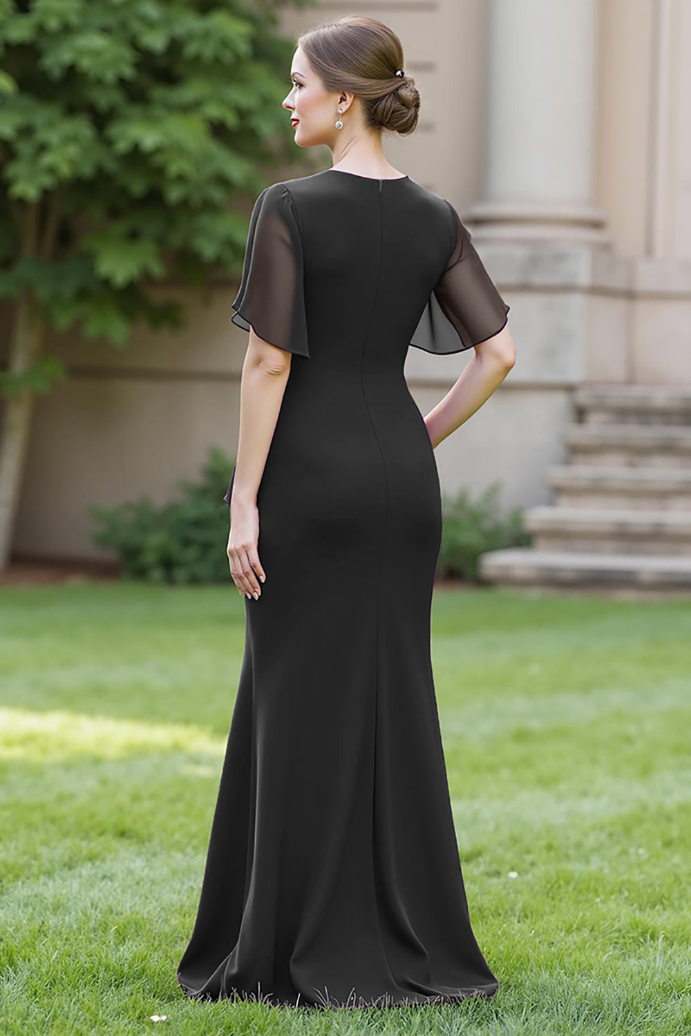 Zapaka Women Long Navy Mother of The Bride Dress with Sash Round Neck Chiffon Sheath Flutter Sleeves Wedding Guest Dress, Black / US4 Zapaka Women Long Navy Mother of The Bride Dress with Sash Round Neck Chiffon Sheath Flutter Sleeves Wedding Guest Dress, Black / US4