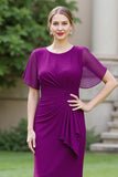 Ruched Sheath Round Neck Long Navy Mother of the Bride Dress with Sash