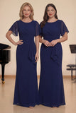 Sheath Navy Chiffon Round Neck Ruched Long Choir Dress with Sash
