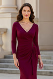 Mermaid V-Neck Stretch Satin Sweep Train Burgundy Mother of the Bride Dress