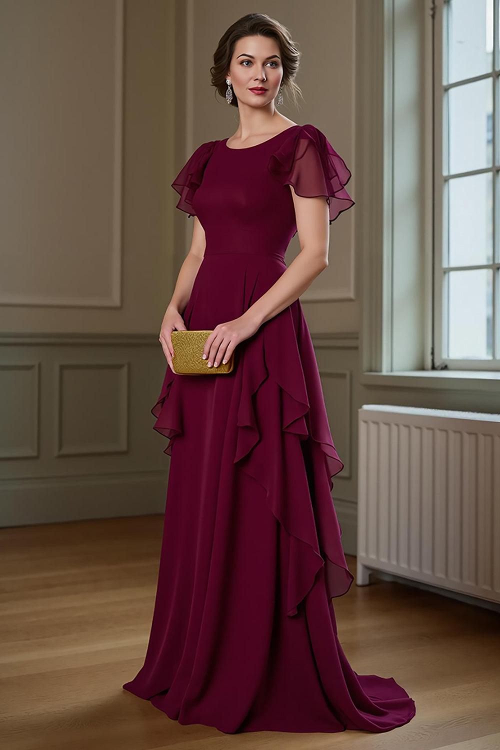 Zapaka Women Burgundy Long Mother of the Bride Dress Flutter Sleeves Round Neck Chiffon A Line Wedding Guest Dress ZAPAKA Zapaka Women Burgundy Long Mother of the Bride Dress Flutter Sleeves Round Neck Chiffon A Line Wedding Guest Dress ZAPAKA