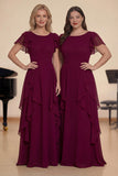 Burgundy A Line Ruffled Long Chiffon Choir Dress with Flutter Sleeves