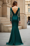 Mermaid V-Neck Long Ruched Pine Mother of the Bride Dress with Lace Appliques
