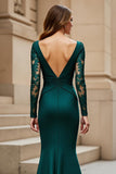 Mermaid V-Neck Long Ruched Pine Mother of the Bride Dress with Lace Appliques