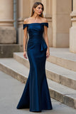 Navy Mermaid Off the Shoulder Long Mother of the Bride Dress