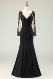 Mermaid V-Neck Long Black Mother of the Bride Dress with Lace Appliques