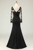 Mermaid V-Neck Long Black Mother of the Bride Dress with Lace Appliques