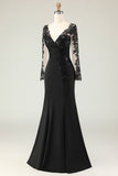 Black Mermaid V-Neck Long Mother of the Bride Dress with Lace Appliques