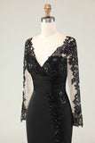 Black Mermaid V-Neck Long Mother of the Bride Dress with Lace Appliques