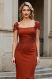 Mermaid Square Neck Sweep Train Rust Mother of the Bride Dress with Appliques