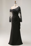 Black Sheath Asymmetrical Long Mother of the Bride Dress with Lace Appliques