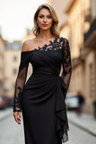 Sheath Asymmetrical Long Black Mother of the Bride Dress with Lace Appliques