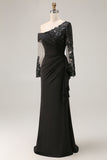 Black Sheath Asymmetrical Long Mother of the Bride Dress with Lace Appliques